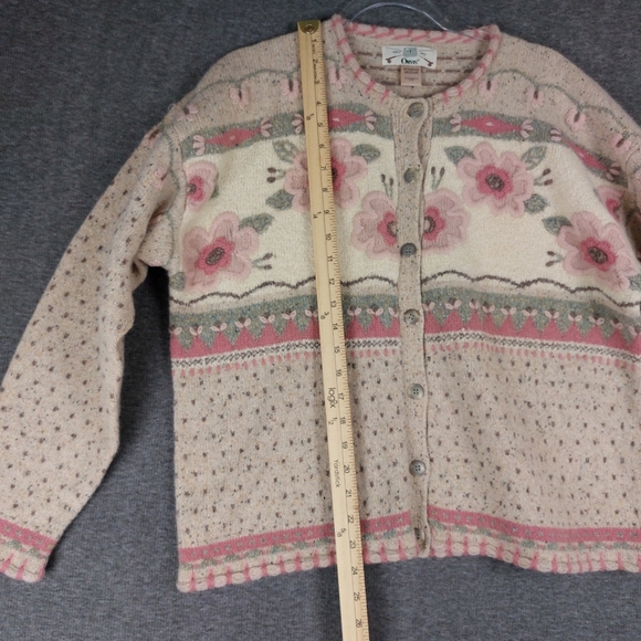 ORVIS WOMENS VTG CREAM PINK 3D FLORAL LONG SLEEVE LAMBSWOOL SILK CARDIGAN SZ M - Picture 3 of 7